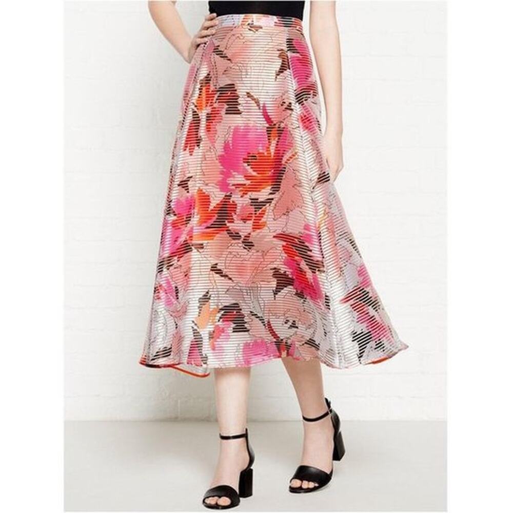 LK Bennett Women's Prula Pink Floral Striped Full Skirt Size 6 Pastel Peach